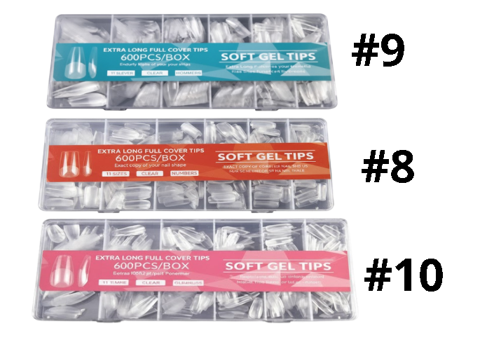 CIL-63-9-8-10 TIPS SOFT GEL ESTILETO,COFFI, CUADRADO DE 600 UNIDADES #9,#8 Y #10