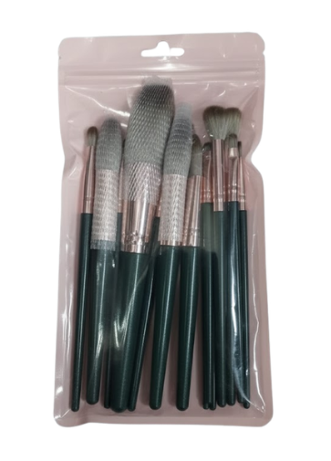 SET-13 SET DE BROCHAS DE MAQUILLAJE COLOR VERDE DE 14 PIEZAS